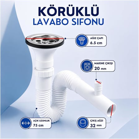 Çamaşır Çıkışlı Sifon, Lavabo Gider Sifonu, Çamaşır ve Bulaşık Makinesi Bağlantılı Lavabo Sifonu, Koku Önleyici, Sızdırmaz Tasarım, Kolay Montaj, Ev, Banyo ve Mutfak Kullanımı