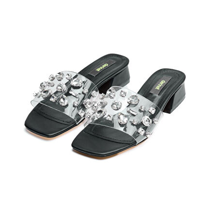 Taşlı Şeffaf Bantlı Kadın Kısa Topuklu Terlik 