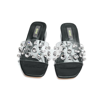 Taşlı Şeffaf Bantlı Kadın Kısa Topuklu Terlik 