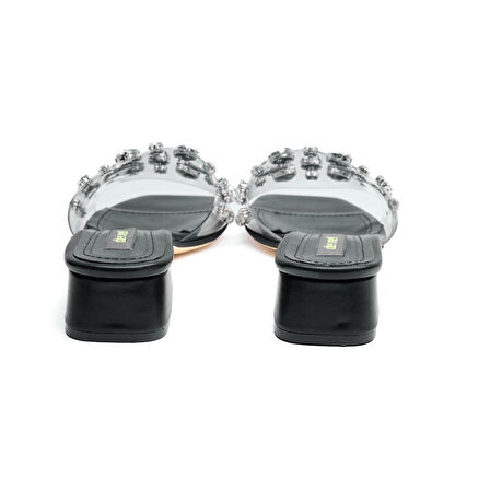 Taşlı Şeffaf Bantlı Kadın Kısa Topuklu Terlik 