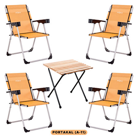 4 Adet Katlanabilir Kamp Sandalyesi ve Masa Seti - Rock - Portakal (A-11) - Bardaklıklı - 140 KG Taşıma