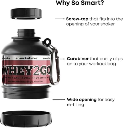 Smartshake Whey2Go Siyah Protein Tozu Saklama Kabı 50 g - BPA İçermeyen Çalkalayıcı Şişe Hunisi, Whey Protein Tozu + Protein Shakes için 110 ml, DC Comics Batman Erkekler için Hediyeler (Siyah)