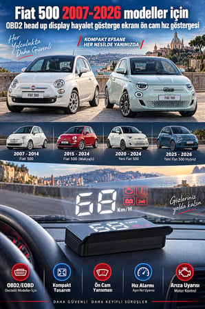 Fiat 500 2007-2026 modeller için OBD2 head up display hayalet gösterge ekranı ön cam hız göstergesi