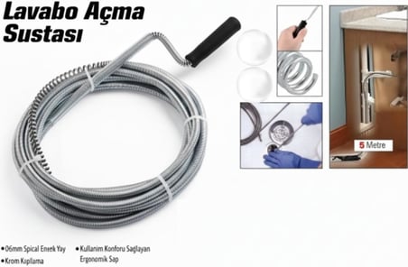 5 Metre Lavabo Açma Sustası Teli | Spiral Yaylı Krom Kaplama Gider Açma Sustası | Ergonomik Saplı Banyo Mutfak Tıkanıklık Açıcı