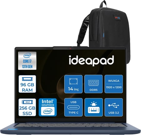 Lenovo Ideapad Slim 5 14IRH10  Intel Core I7-13620H 96GB Ddr5 256GB SSD Intel® UHD Graphics 14" Wuxga (1920X1200) IPS 300NITS Freedos Taşınabilir Bilgisayar 83HR000UTRF31+ZETTAÇANTA