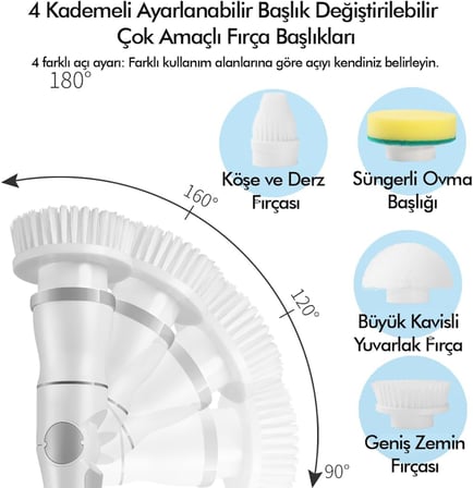 Kablosuz Şarjlı Temizlik Fırçası 8 Başlıklı 3 Kademe Hız Ayarlı Teleskopik Çok Amaçlı Ev Cihazı