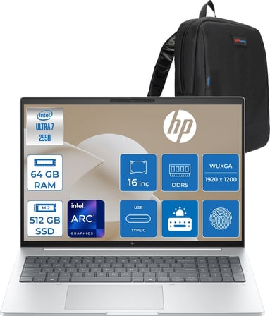 Hp Elitebook 8 G1I Intel® Core Ultra 7 255H 64GB Ddr5 512GB SSD Intel® Arc™ 140T 16" Wuxga (1920X1200) IPS 300NIT Freedos Taşınabilir Bilgisayar AD3T0ETF17+ZETTAÇANTA