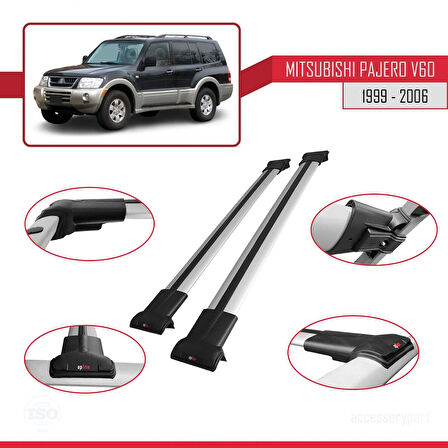 Mitsubishi Pajero (V60) 5 Kapı 1999-2006 Arası ile Uyumlu FLY Model Ara Atkı Tavan Barı Gri 2 Adet