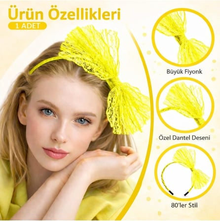 Neon Sarı Dantel Taç Fiyonklu Parti Kostümü, Tek Ebat, avnmustranSMRG140-S, Neon Sarı