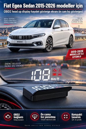 Fiat Egea Sedan 2015-2026 modeller için OBD2 head up display hayalet gösterge ekranı ön cam hız göstergesi
