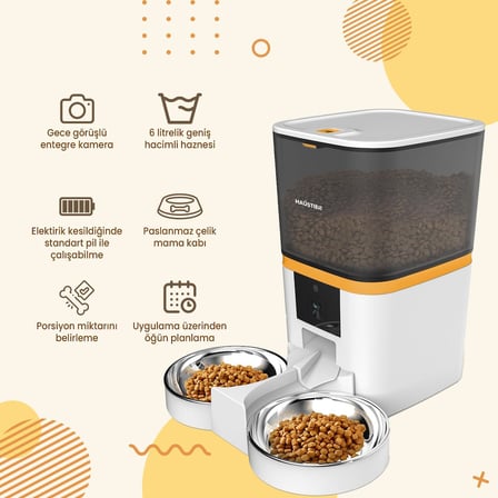 QQ005-Dual Gece Görüşlü 480P Kameralı, Akıllı Otomatik Kedi Mama Kabı, App Uzaktan Kontrol, Sesle Çağırma, 6lt Hazne, Çift Metal Kase (Beyaz)