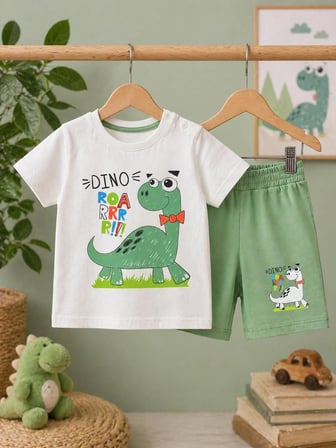 Erkek Bebek Dinozor Baskılı Şortlu Takım %100 Pamuk Yazlık Omuz Düğmeli 1-4 Yaş
