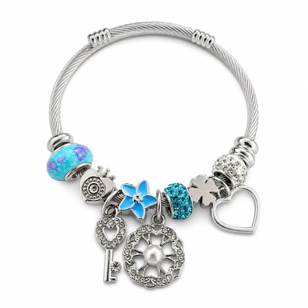 Turkuaz Mavi Charm Detaylı Gümüş Renk Kadın Bileklik – 6 cm Hediye Keseli