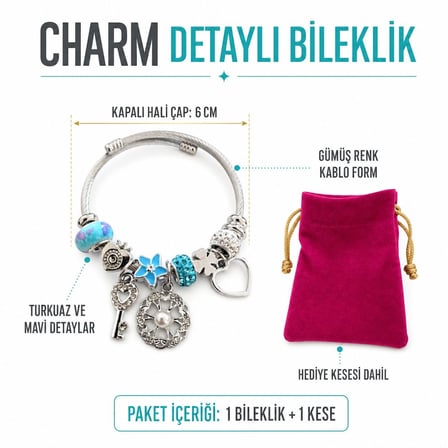 Turkuaz Mavi Charm Detaylı Gümüş Renk Kadın Bileklik – 6 cm Hediye Keseli