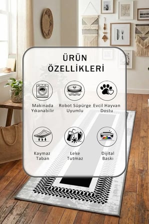 Yıkanabilir Kaymaz Hayal Siyah Dijital Baskılı Yolluk Halı Tüy Tutmaz