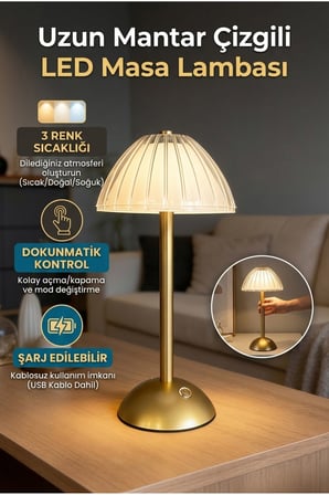 Mantar Abajur Gold Şarjlı Dokunmatik LED Masa Lambası | 3 Kademeli Kablosuz Abajur
