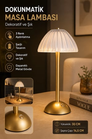 Mantar Abajur Gold Şarjlı Dokunmatik LED Masa Lambası | 3 Kademeli Kablosuz Abajur