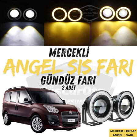 Fiat Doblo D3 2010-2015 Uyumlu Üniversal Mercekli Angel Sis Farı Metal Su Geçirmez 76 mm Sarı Halkalı Gündüz Farı Angel Eyes 2 Adet