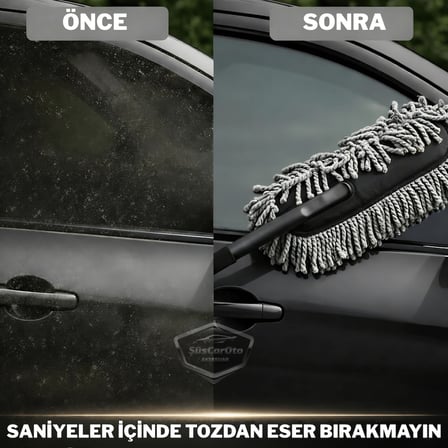 Teleskopik Uzayan Saplı 2'si 1 Arada Araç Yıkama ve Toz Alma Fırçası Araba Temizleme Püskülü 1.Sınıf Oto Yıkama Mopu Mikrofiber Çizmez Pamuk İplik