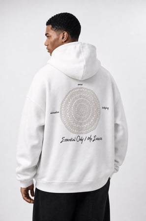 Erkek Essentials Nakışlı Oversize Hoodie Ekru