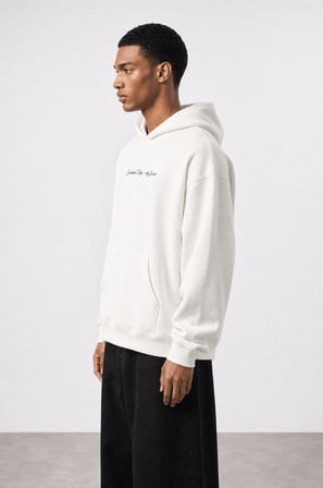 Erkek Essentials Nakışlı Oversize Hoodie Ekru