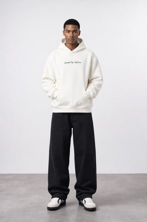Erkek Essentials Nakışlı Oversize Hoodie Ekru