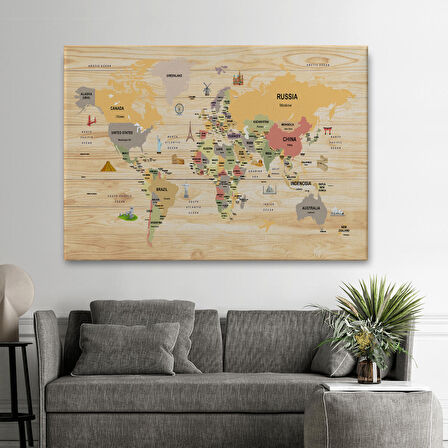 Harita Sepeti Ahşap Görünümlü Dünya Haritası Dekoratif Kanvas Tablo 2083