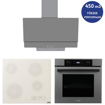 Alveus AFM Serisi Grix Vitro. Elektrikli Cam Antrasit-Gri Ankastre Set (V6-05 Beyaz +FM7710+FM3407)