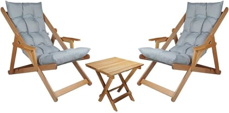 AHŞAP KATLANABİLİR TAŞINIR PUF MİNDERLİ KOLLU ŞEZLONG. PLAJ, BAHÇE, TERAS, BALKON İÇİN 3 LÜ SET (GRİ)