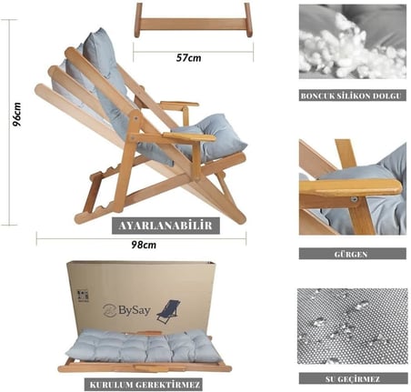 AHŞAP KATLANABİLİR TAŞINIR PUF MİNDERLİ KOLLU ŞEZLONG. PLAJ, BAHÇE, TERAS, BALKON İÇİN 3 LÜ SET (GRİ)