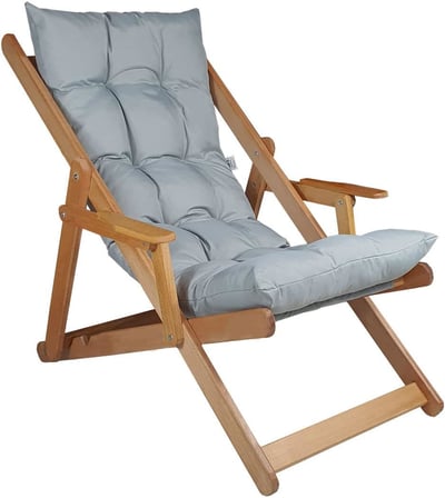 AHŞAP KATLANABİLİR TAŞINIR PUF MİNDERLİ KOLLU ŞEZLONG. PLAJ, BAHÇE, TERAS, BALKON İÇİN 3 LÜ SET (GRİ)
