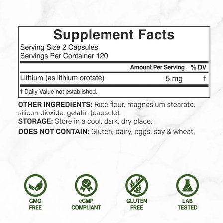 Lithium Orotate highyl bioavailable 5 mg 240 Capsules