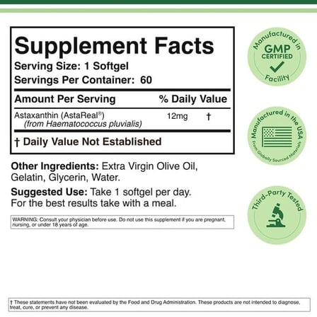 Astaxanthin 12 mg 60 Softgels AstaReal 70+ Human Clinical Studies