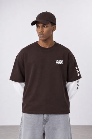 Erkek Double Sleeve Oversize Sweatshirt Kahve