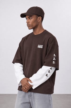 Erkek Double Sleeve Oversize Sweatshirt Kahve