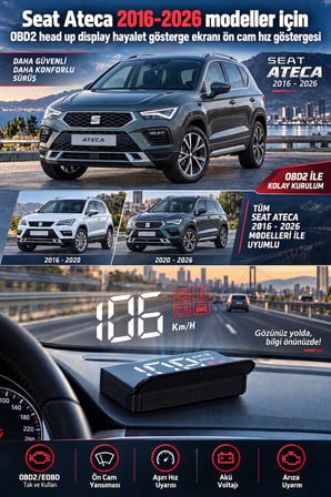 Seat Ateca 2016-2026 modeller için OBD2 head up display hayalet gösterge ekranı ön cam hız göstergesi