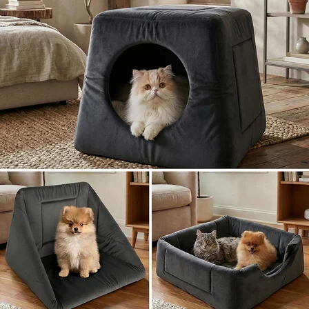 3in1 Kedi Köpek Yatağı ve Oyujn Evi - ÜÇ Fonksiyonlu Kedi ve Küçük Irk Köpekler İçin Yatak-Minder-Yuva - 50 x 50 cm