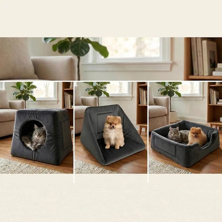 3in1 Kedi Köpek Yatağı ve Oyujn Evi - ÜÇ Fonksiyonlu Kedi ve Küçük Irk Köpekler İçin Yatak-Minder-Yuva - 50 x 50 cm