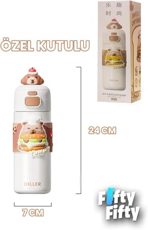 DILLER 480 ML Tek Kapak Çift Kullanım Pipetli/Pipetsiz Taşıma El Askılı Vacum Cup/Çelik Termos -FFD9351-480