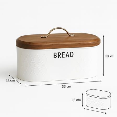 Beyaz Metal Ekmek Kutusu 33x18x18 cm | Ahşap Kapaklı Büyük Hacimli Ekmeklik | Gold Kulplu Modern Mutfak Depolama Kabı | Uzun Süre Taze Saklama