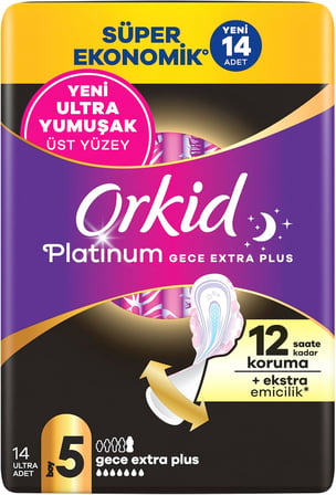 Orkid Platinum Hijyenik Ped Gece Ekstra Plus (Boy 5) Süper Ekonomik Paket 14 Adet Ped