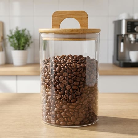 Deconox 900 ml Bambu Kapaklı Yuvarlak Cam Kavanoz, 10 cm Çap × 15 cm Yükseklik, Contalı Kulplu Şeffaf Erzak ve Kuru Gıda Saklama Kabı, Kahve Çay Şeker Bakliyat İçin