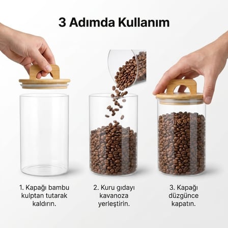 Deconox 900 ml Bambu Kapaklı Yuvarlak Cam Kavanoz, 10 cm Çap × 15 cm Yükseklik, Contalı Kulplu Şeffaf Erzak ve Kuru Gıda Saklama Kabı, Kahve Çay Şeker Bakliyat İçin