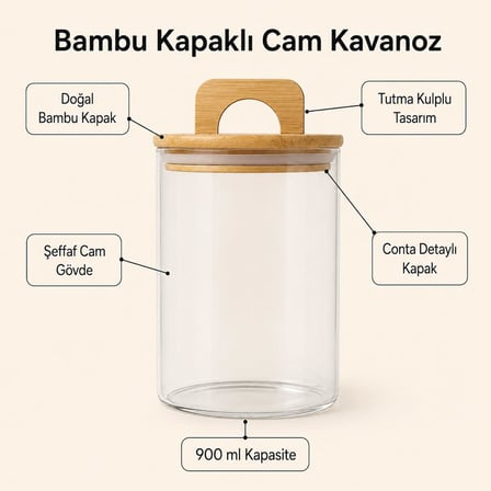 Deconox 900 ml Bambu Kapaklı Yuvarlak Cam Kavanoz, 10 cm Çap × 15 cm Yükseklik, Contalı Kulplu Şeffaf Erzak ve Kuru Gıda Saklama Kabı, Kahve Çay Şeker Bakliyat İçin