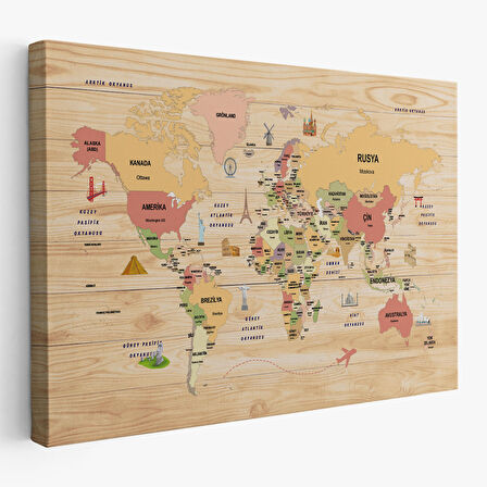 Harita Sepeti Ahşap Görünümlü Türkçe Dünya Haritası Dekoratif Kanvas Tablo 2088