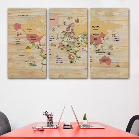 Harita Sepeti Ahşap Görünümlü Türkçe Dünya Haritası Dekoratif Kanvas Tablo 2088