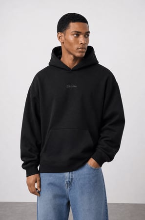 Erkek Da Vinci Baskı Detaylı Oversize Hoodie Siyah