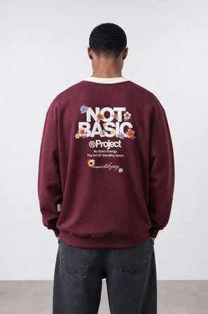Erkek Not Basic Project Baskılı Oversize Sweatshirt Bordo