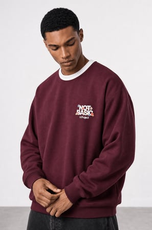 Erkek Not Basic Project Baskılı Oversize Sweatshirt Bordo