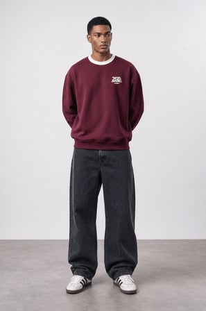 Erkek Not Basic Project Baskılı Oversize Sweatshirt Bordo